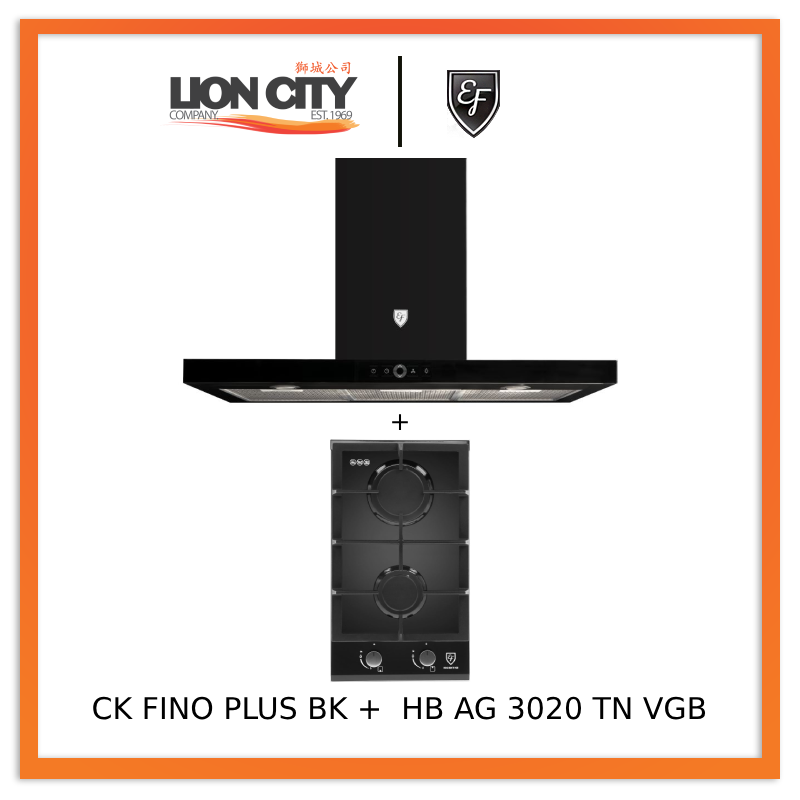 EF 90cm Chimney Hood CK FINO PLUS BK + EF HB AG 3020 TN VGB Built-in Hob HBAG3020TNVGB