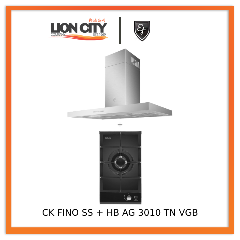 EF 90cm Chimney Hood CK-Fino SS + HB AG 3010 TN VGB 30cm Hob Single Burner HBAG3010TNVGB