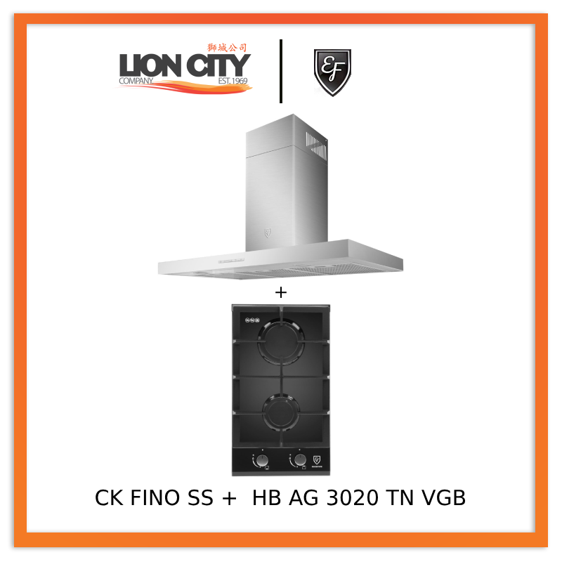 EF 90cm Chimney Hood CK-Fino SS + EF HB AG 3020 TN VGB Built-in Hob HBAG3020TNVGB