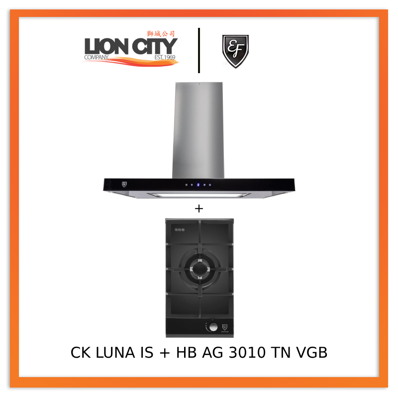 EF CK LUNA IS 90cm Island Hood + HB AG 3010 TN VGB 30cm Hob Single Burner