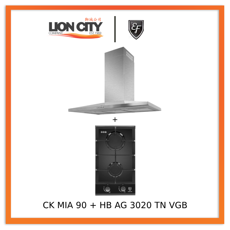 EF CK-Mia 90 90 cm Stainless Steel Chimney hood + EF HB AG 3020 TN VGB Built-in Hob HBAG3020TNVGB