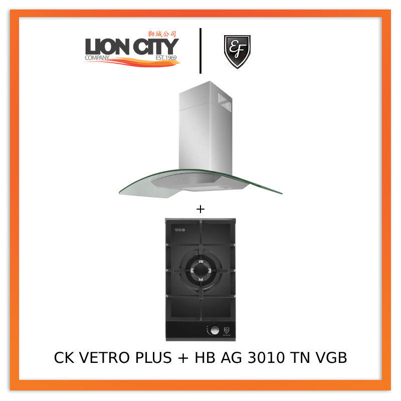 EF 90 CM Chimney Cooker Hood CK-Vetro Plus + HB AG 3010 TN VGB 30cm Hob Single Burner