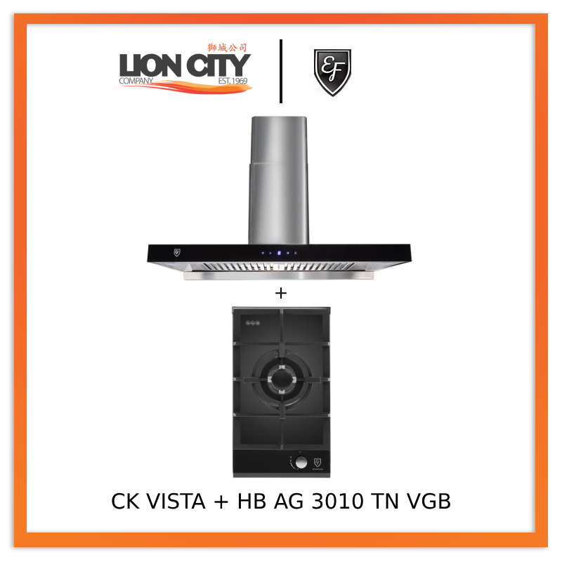 EF CK VISTA 90CM Chimney Hood + HB AG 3010 TN VGB 30cm Hob Single Burner