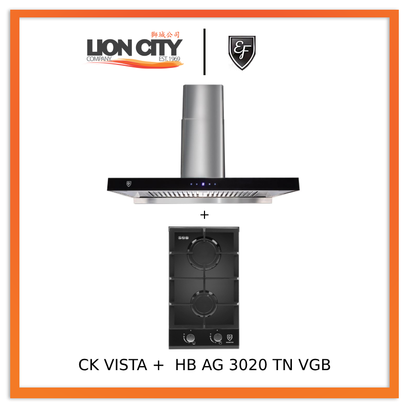 EF CK VISTA 90CM Chimney Hood + EF HB AG 3020 TN VGB Built-in Hob HBAG3020TNVGB