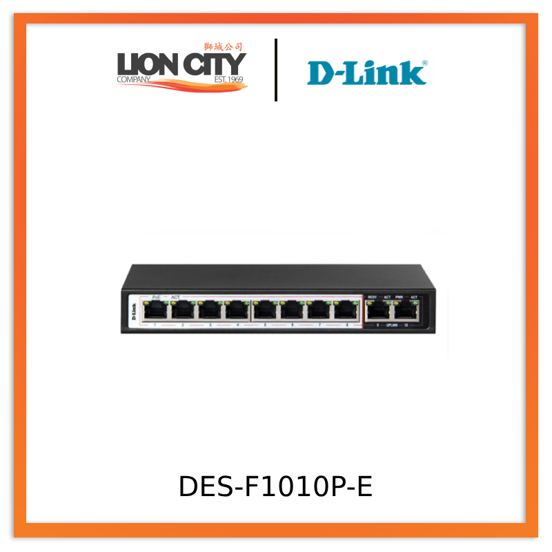 D-Link DES-F1010P-E 10-Port PoE Switch with 8 Long Reach 250m PoE Ports and 2 Uplink Ports