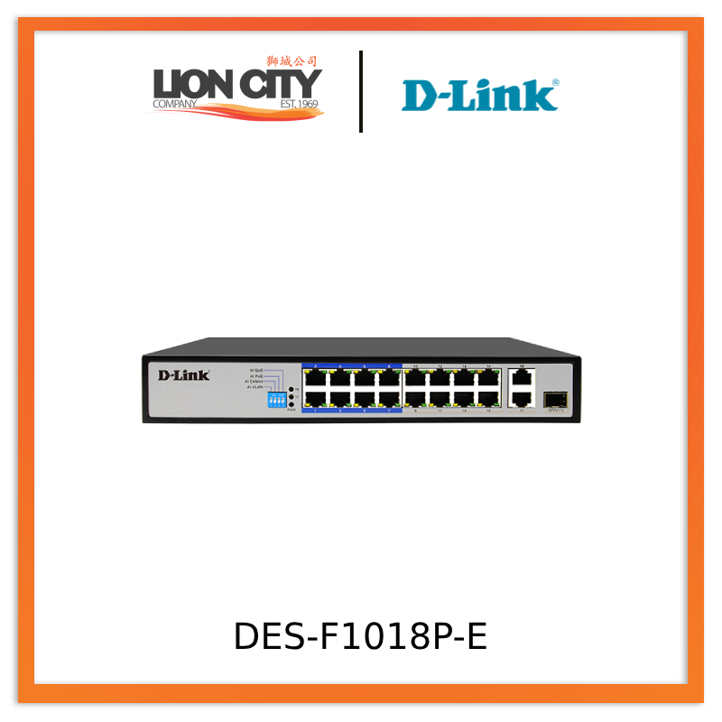 D-Link DES-F1018P-E 18-Port PoE Switch with 16 PoE Ports and 2 Gigabit Uplink Ports