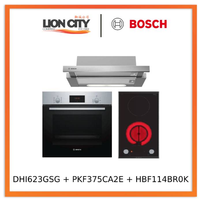 Bosch DHI623GSG 60 cm Built-In Stainless Steel Slimline Hood+PKF375CA2E Domino electric Induction hob 30 cm Black, surface mount with frame+HBF114BR0K 60cm Built-in Stainless Steel Oven