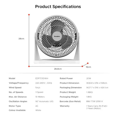 Europace EDF1731DWH 7" Desk Fan Simple Control Button Easy Maintenance