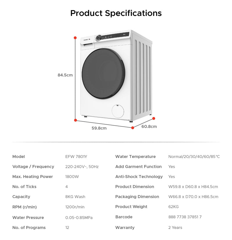 EuropAce 8kg Front Load Washer EFW7801Y