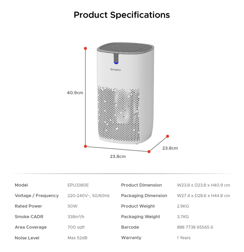 EuropAce 338m³/h CADR HEPA 14 Air Purifier