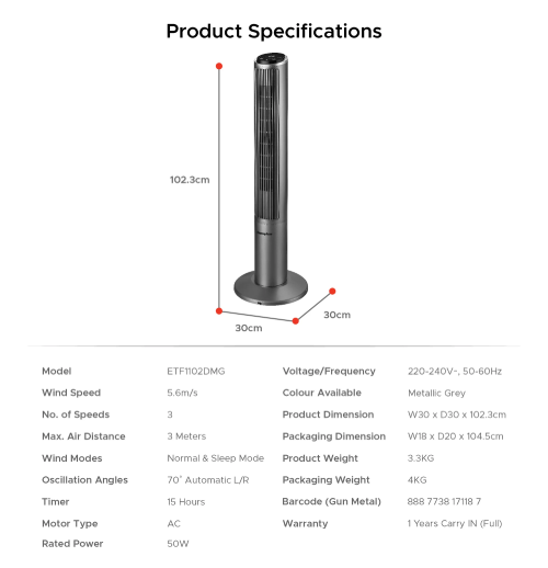 EuropAce ETF1102DMG 40" Tower Fan Touch Control Sleek Design