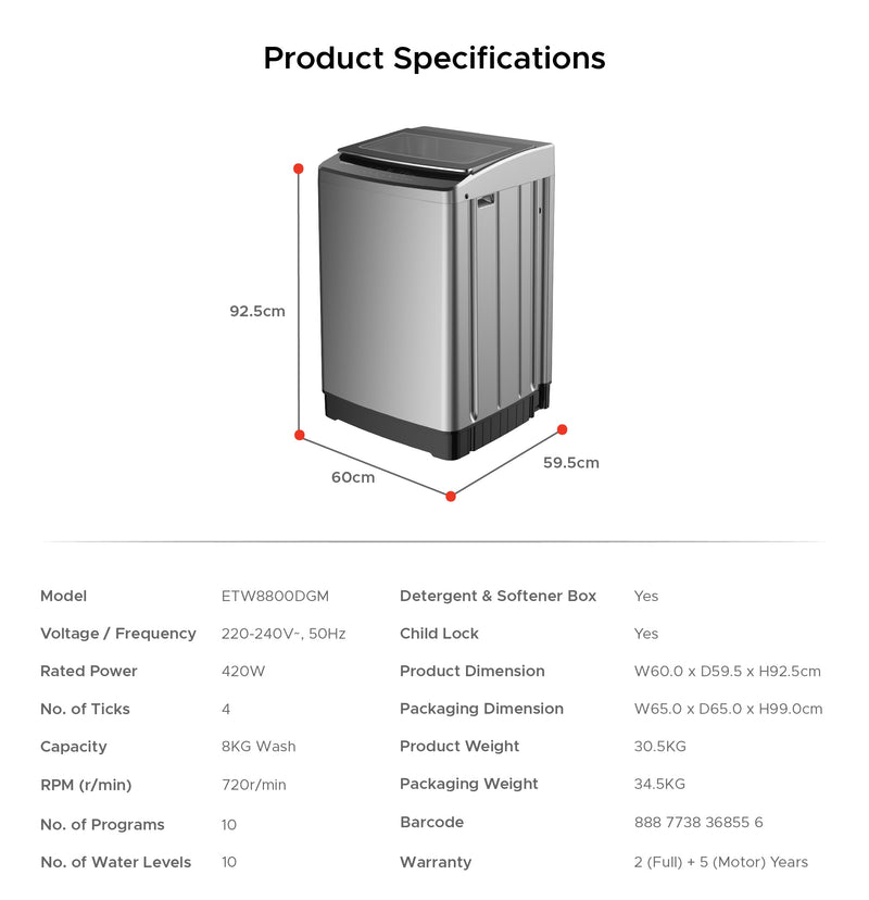 EuropAce 8kg Top Load Washing Machine ETW8800DGM