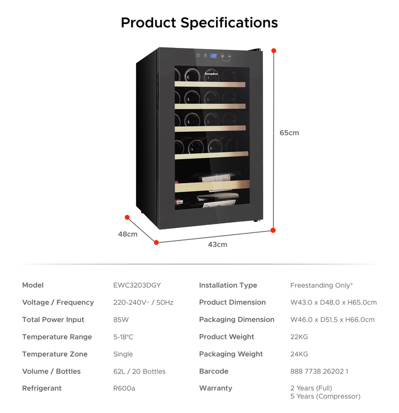 EuropAce 20 Bottles Wine Chiller EWC3203DGY