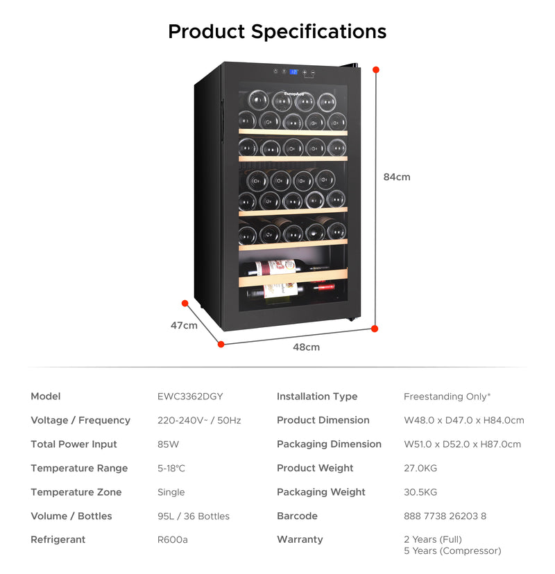 EuropAce 36 Bottles Wine Chiller EWC3362DGY