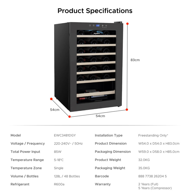 EuropAce 48 Bottles Wine Chiller EWC3481DGY
