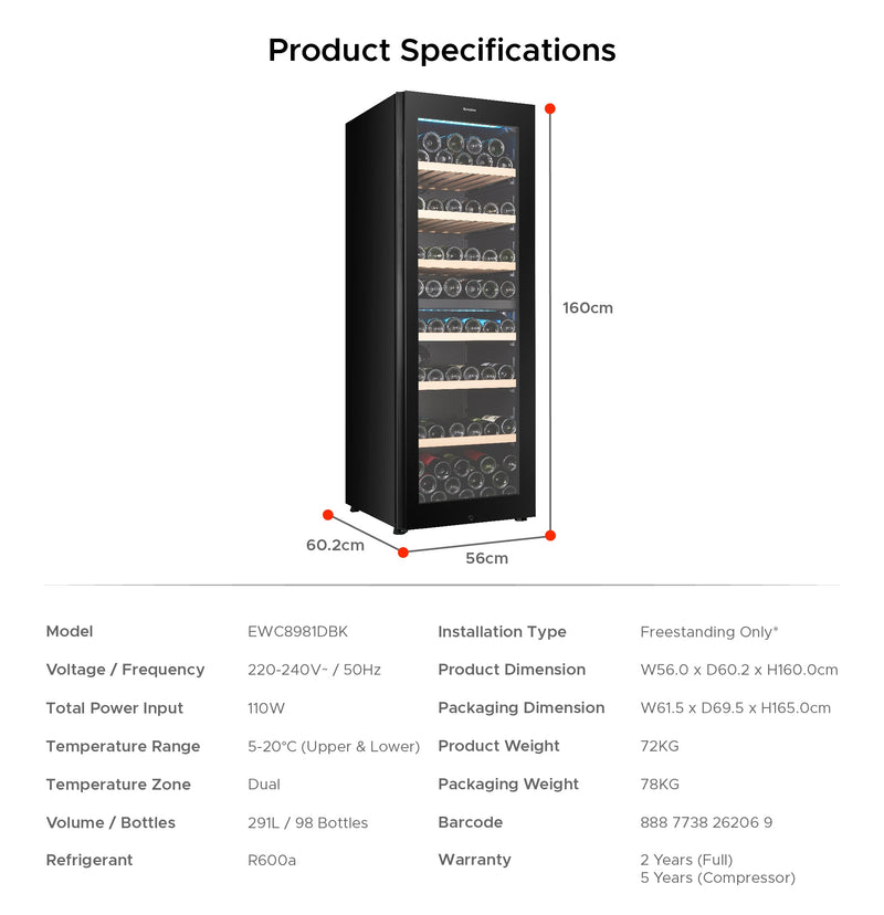 EuropAce 98 Bottles Dual Zone Wine Chiller EWC8981DBK