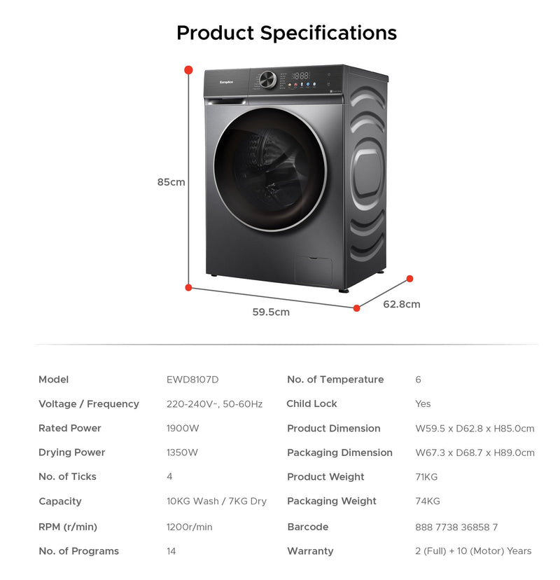 EuropAce 10kg/7kg Steam Washer Dryer EWD8107DGY
