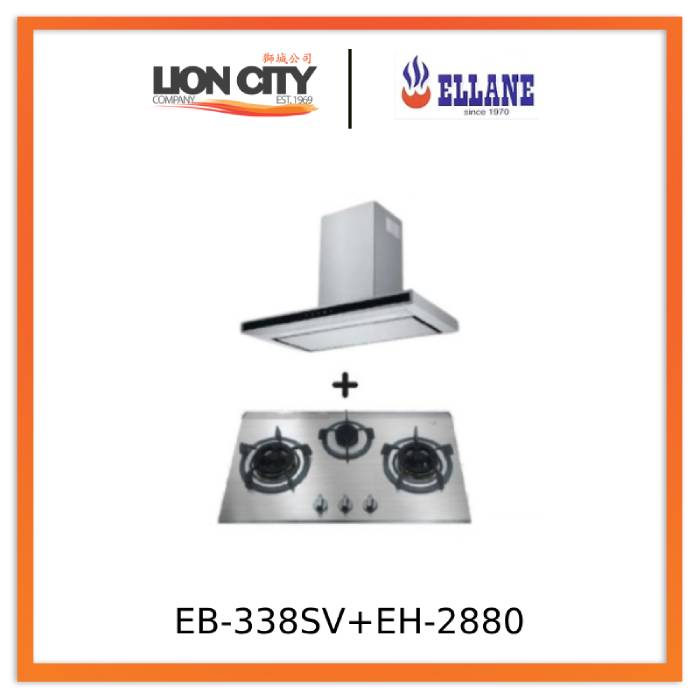 Ellane EH-2880 90cm Touch Control Stainless Steel Chimney Hood + Ellane EB-338SV 76cm 3 Burner Stainless Steel
