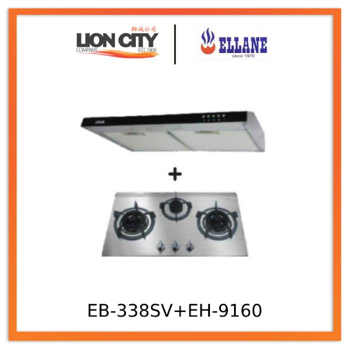 Ellane 60cm/90cm Slimline Hood With Black Panel EH-9160 + Ellane EB-338SV 76cm 3 Burner