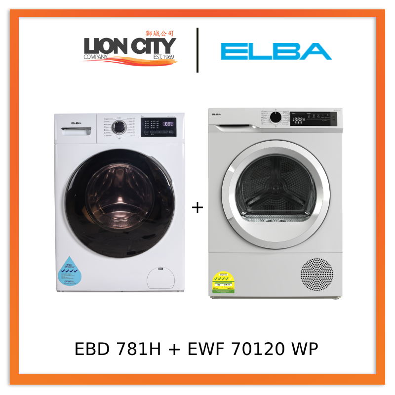 Elba EBD 781H VT 7kg Heat Pump Dryer + EWF 70120 WP 7kg Front Load Washing Machine