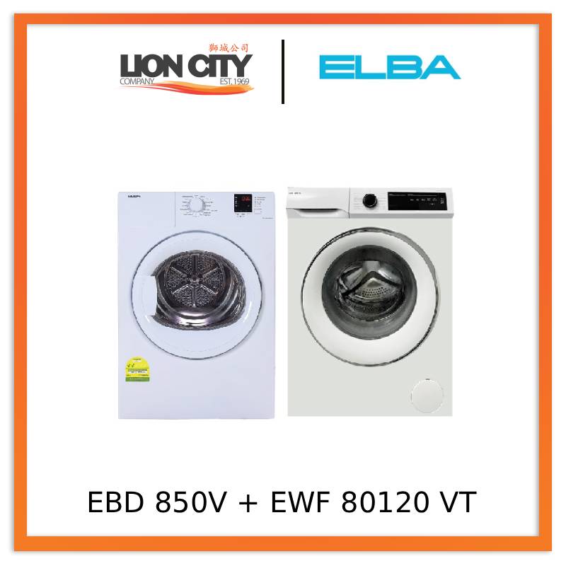 Elba EBD 850 V 8kg Air Vented Dryer + EWF 80120 VT 8kg Front Load Washing Machine