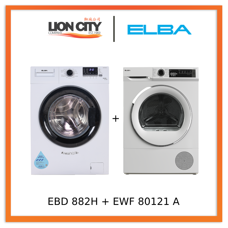 ELBA EWF 80121 A 8kg Front Load Washing Machine + EBD 882H VT 8kg Heat Pump Dryer