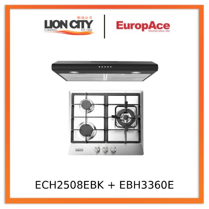 Europace ECH2508EBK 60cm Slimline Hood + EuropAce EBH3360E LPG/TG 60cm Built-In Stainless Steel Gas Hob (3burner)
