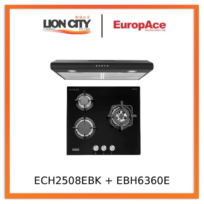 Europace ECH2508EBK 60cm Slimline Hood + EuropAce EBH6360E LPG/TG 60cm Built-In Glass Gas Hob (3burner)
