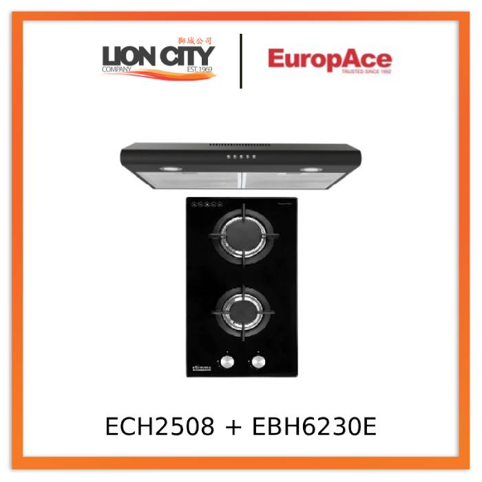 Europace ECH2508EBK 60cm Slimline Hood + EuropAce EBH6230E LPG/TG 30cm Built-In Gas Hob (2burner)