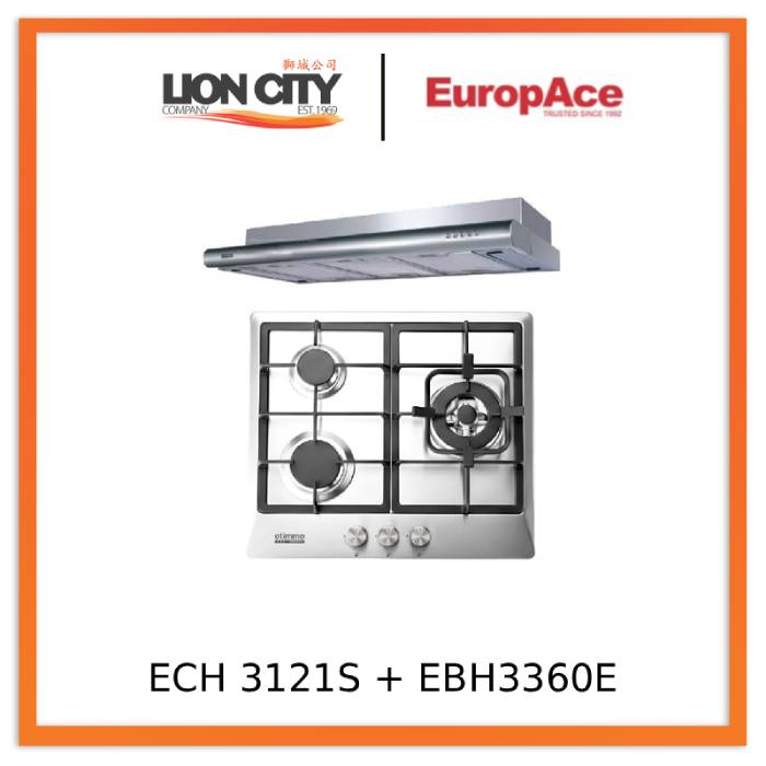 EuropAce ECH 3121S 90cm Deluxe Slimline Hood + EuropAce EBH3360E LPG/TG 60cm Built-In Stainless Steel Gas Hob (3burner)