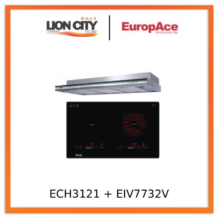 Europace ECH3121S 90cm Slim Hood Dual Motor + EuropAce EIV7732V Otimmo 7 Series 73 cm 2-Burner Hybrid Hob