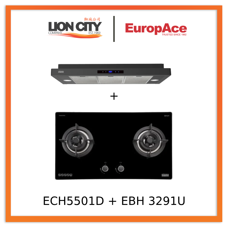 Europace ECH5501DBK 90cm Slimline Hood + EBH3291U OTIMMO 2 Burner 90CM Stainless Steel Built-in Gas HOB