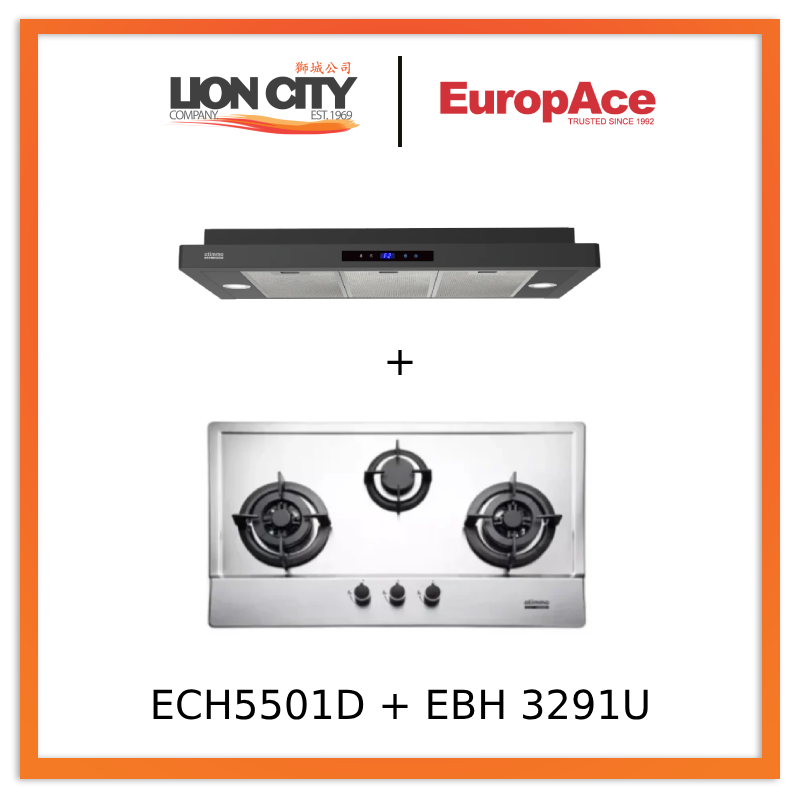 Europace ECH5501DBK 90cm Slimline Hood + EBH3391U Otimmo 3 Burner 90cm Slim Built-in Gas Hob Cooker