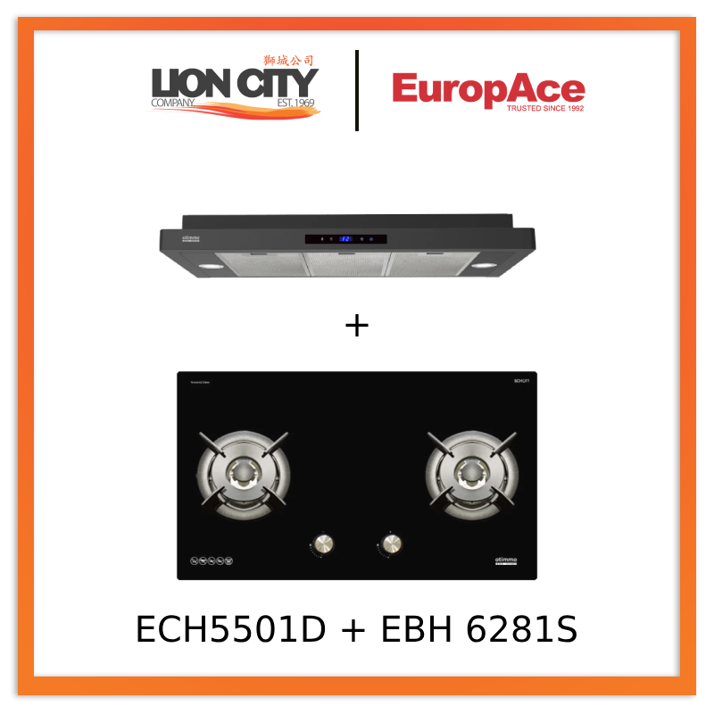 Europace ECH5501DBK 90cm Slimline Hood + EBH6281STG  80cm Built-In Gas Hob (2burner)