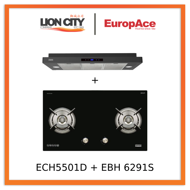 Europace ECH5501DBK 90cm Slimline Hood + EBH6291S 2 Burner 90cm Gas Cooker Hob (Schott Glass)