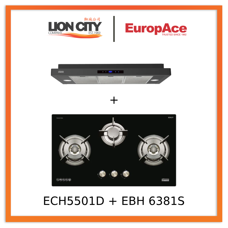 Europace ECH5501DBK 90cm Slimline Hood + EBH6381STG  80cm Built-In Gas Hob (3burner)