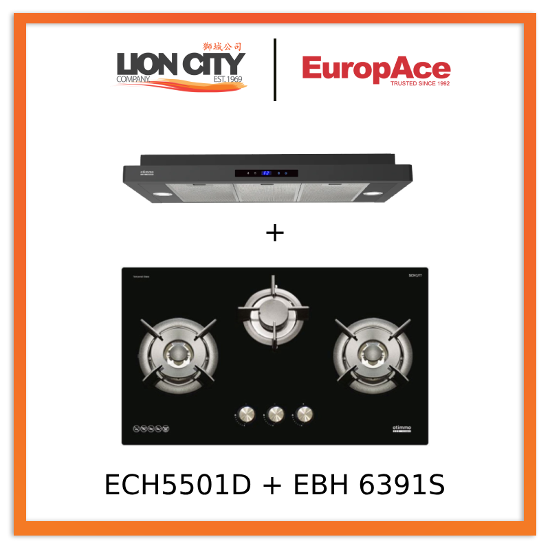 Europace ECH5501DBK 90cm Slimline Hood + EBH 6391S 3 Burner 90cm Gas Cooker Hob (Schott Glass)