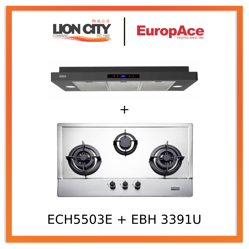 Europace ECH5503EBK OTIMMO Slimline Hood 90CM + EBH3391U Otimmo 3 Burner 90cm Slim Built-in Gas Hob Cooker  (Stainless Steel)