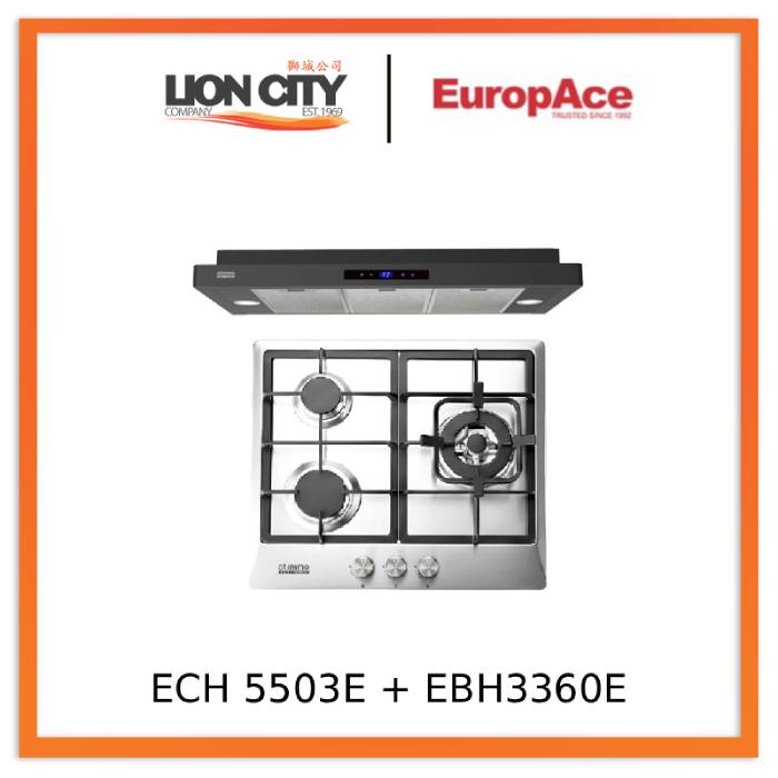 Europace ECH 5503EBK OTIMMO Slimline Hood 90CM + EuropAce EBH3360E LPG/TG 60cm Built-In Stainless Steel Gas Hob (3burner)