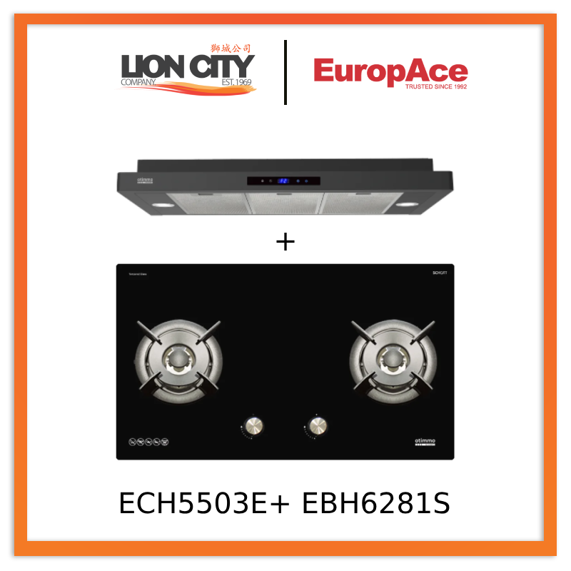 Europace ECH5503EBK OTIMMO Slimline Hood 90CM + EBH 6281S 2 Burners 80cm Slim Hob (Schott Glass)