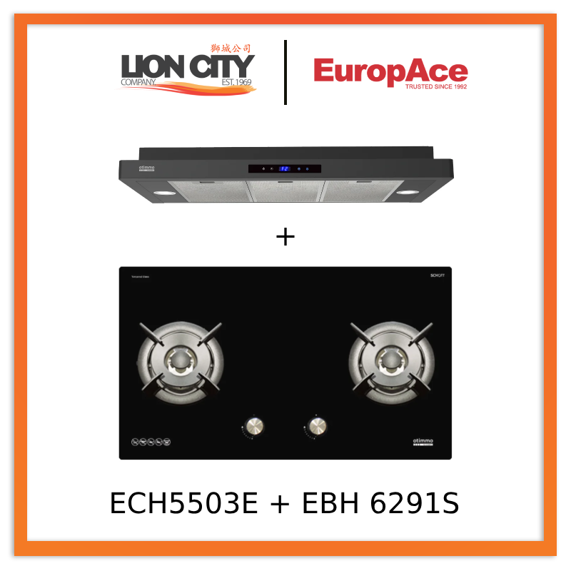 Europace ECH5503EBK OTIMMO Slimline Hood 90CM + EBH6291S 2 Burner 90cm Gas Cooker Hob (Schott Glass)