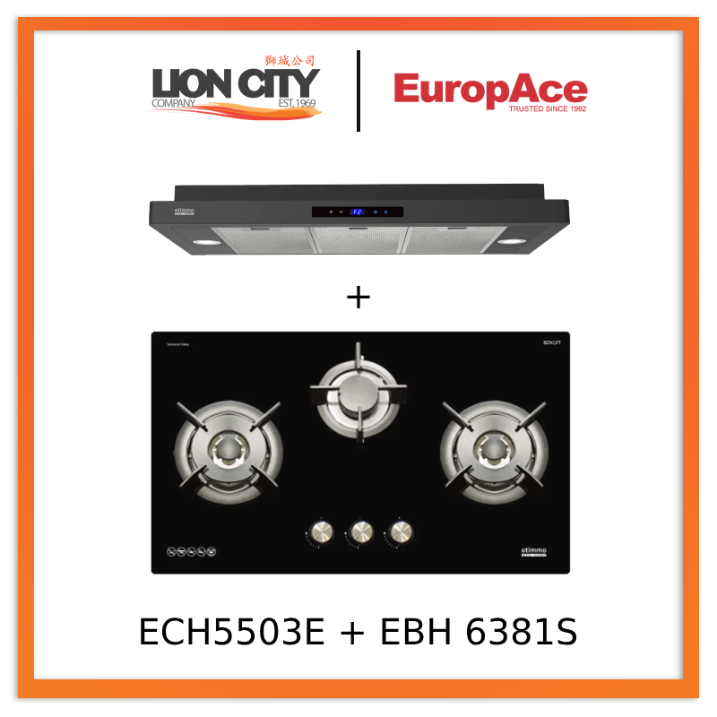 Europace ECH5503EBK OTIMMO Slimline Hood 90CM + EBH6381S 3 Burner 80cm Slim Hob (Schott Glass)