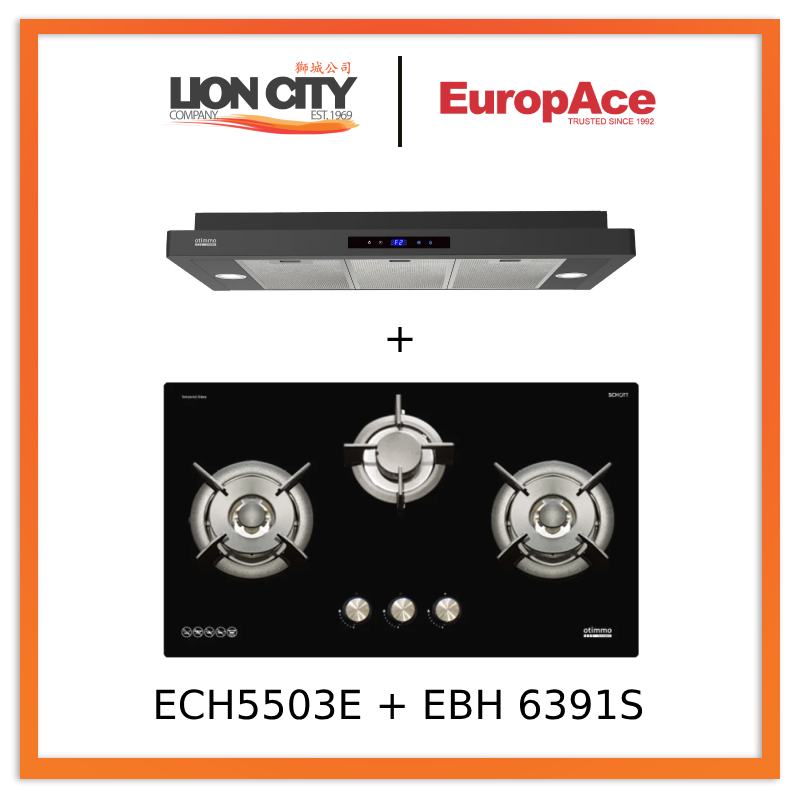 Europace ECH5503EBK OTIMMO Slimline Hood 90CM + EBH 6391S 3 Burner 90cm Gas Cooker Hob (Schott Glass)