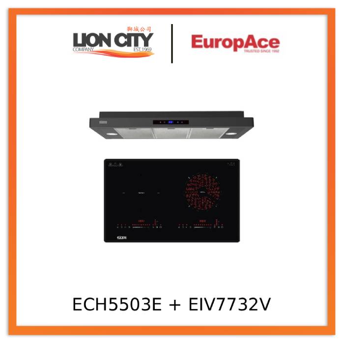 Europace ECH5503EBK OTIMMO Slimline Hood 90CM + EuropAce EIV7732V Otimmo 7 Series 73 cm 2-Burner Hybrid Hob