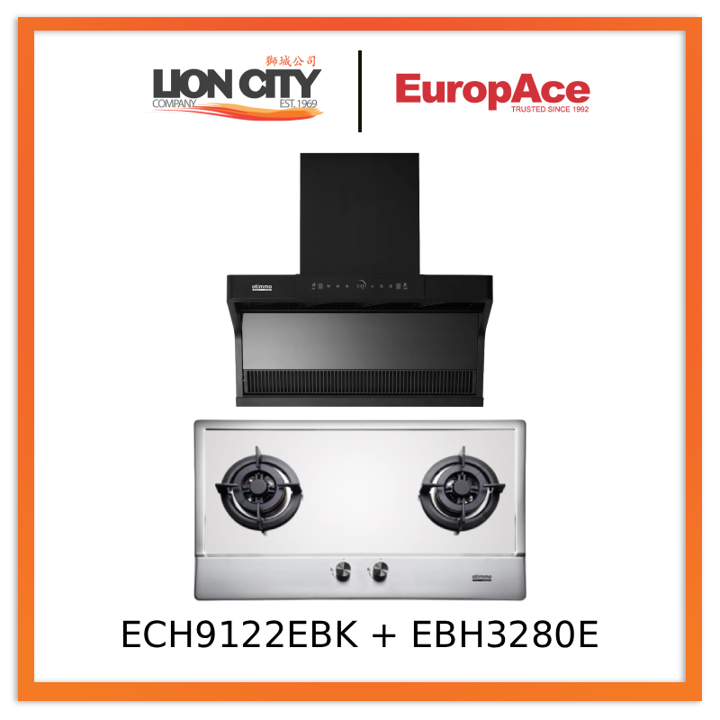 Europace ECH9122EBK 90cm 1200m3/h L-Shaped Hood with Dual Suction + EuropAce EBH3280E 80cm Built-In Stainless Steel Gas Hob (2burner)