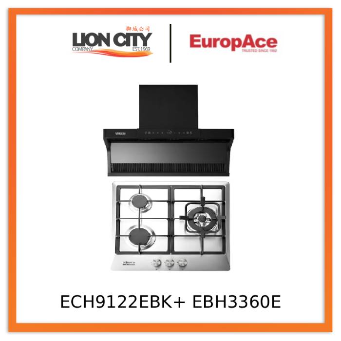 Europace ECH9122EBK 90cm 1200m3/h L-Shaped Hood with Dual Suction + EuropAce EBH3360E LPG/TG 60cm Built-In Stainless Steel Gas Hob (3burner)