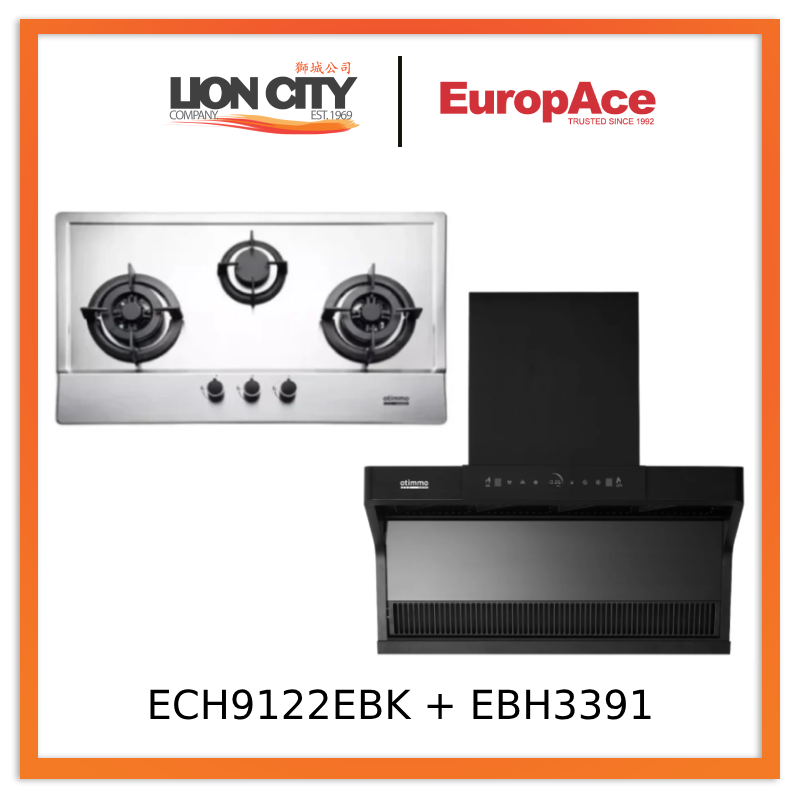 Europace ECH9122EBK 90cm 1200m3/h L-Shaped Hood with Dual Suction + EBH3391U Otimmo 3 Burner 90cm Slim Built-in Gas Hob Cooker (Stainless Steel)