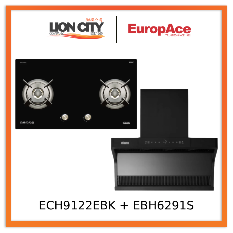 Europace ECH9122EBK 90cm 1200m3/h L-Shaped Hood with Dual Suction + EBH6291S 2 Burner 90cm Gas Cooker Hob (Schott Glass)