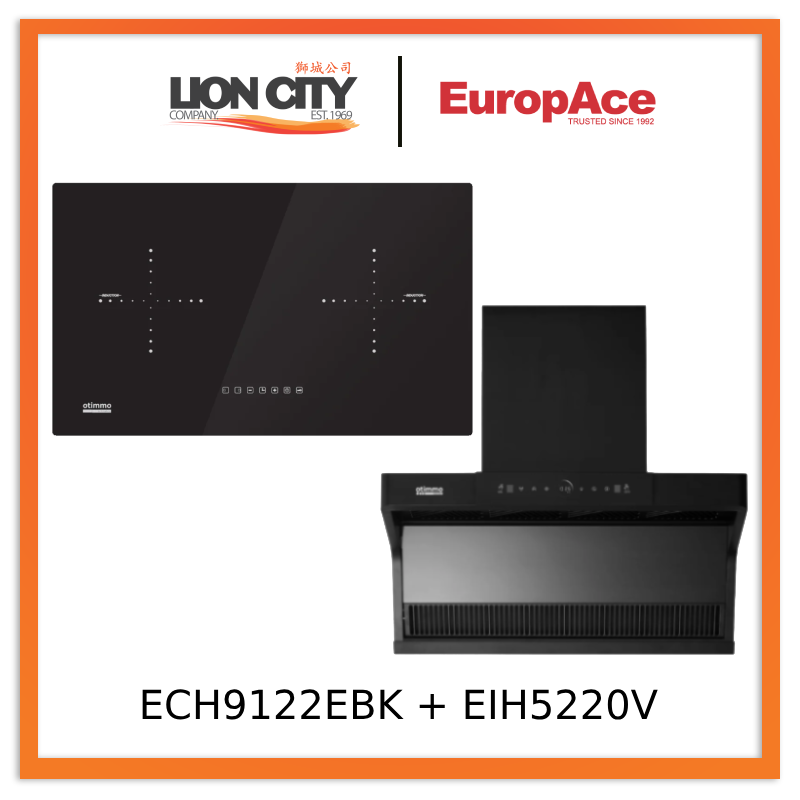 Europace ECH9122EBK 90cm 1200m3/h L-Shaped Hood with Dual Suction + EIH5220V 75CM Built-in-Induction Hob