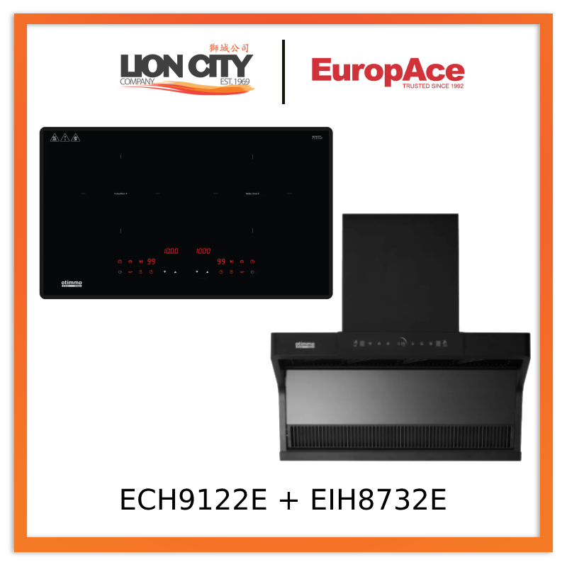 Europace ECH9122EBK 90cm 1200m3/h L-Shaped Hood with Dual Suction + EIH8732E 8 Series 73cm Induction Hob with Magnetic Knob
